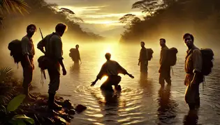 Andrés kneels at the Orinoco River at sunrise, touching the water, as Yara’s faint ghostly figure watches from the mist.