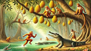Cocodrilo acercándose a un mono en un árbol sobre un río apacible bajo la luz tamizada del sol.