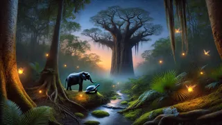 Tortuga susurrando tranquilamente al elefante bajo un enorme baobab al anochecer.