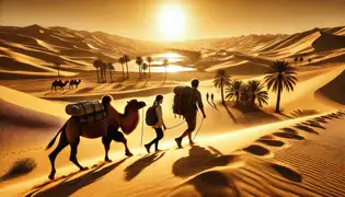Layla y Timur atraviesan el desierto de Kyzylkum, enfrentándose al sol abrasador y a un espejismo de un oasis brillante en la distancia.
