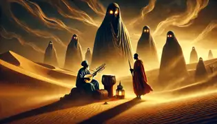 Baba Karamogo toca su kora junto a un antiguo pozo, mientras sombras de espíritus del desierto emergen, con el príncipe Demba observando con tensión.