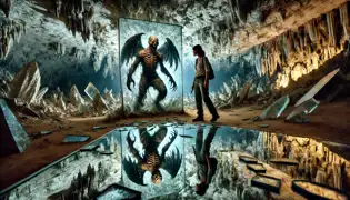 Los espejos de cristal reflejan versiones distorsionadas de los exploradores en una inquietante cámara de ilusiones en la cueva.