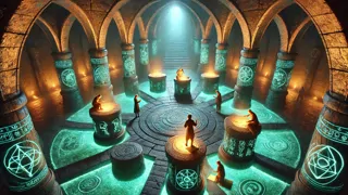 Salón antiguo con seis pedestales luminiscentes, cada uno con una adivinanza, y paredes bioluminiscentes.