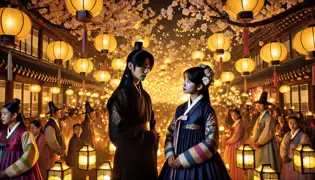 Seo Jun y Yeonhwa se echan miradas bajo un cerezo en flor, rodeados de farolitos brillantes y el bullicio de un festival.