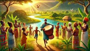 Nfumu regresa al pueblo con el tambor mágico, rodeado de aldeanos que celebran y de un paisaje exuberante restaurado.