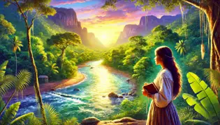 Ana se encuentra junto al Río Plateado, más madura y segura de sí misma, contemplando las aguas resplandecientes que están rodeadas por tepuyes y una jungla exuberante.