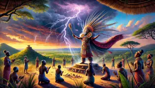 Chaminuka, en una colina sagrada vestido con atuendo shona, invocando la lluvia bajo cielos tempestuosos mientras los aldeanos se arrodillan en admiración.