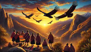 Los aldeanos en el borde de un acantilado al anochecer, observan a los cóndores volando hacia la luz dorada del atardecer.