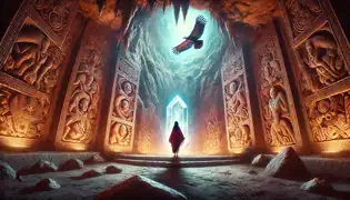 El místico interior de la Cueva del Cielo, con sus cristales resplandecientes y las intrincadas tallas de cóndores y humanos.