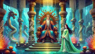 El Rey Dragón se sienta en un trono de jade en un palacio de coral, mientras Soorin permanece a su lado, luciendo decidido en una toga verde mar.