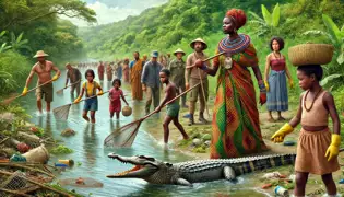 Nzinga lidera a los aldeanos en una limpieza de río, donde la exuberante vegetación y el agua cristalina simbolizan sus esfuerzos por restaurar la armonía.