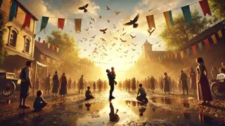 Sam y los habitantes del pueblo celebrando mientras aves vuelan sobre sus cabezas en un cielo despejado.