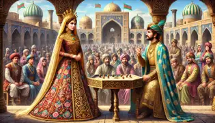 La princesa Gulnor y un rey rival se enfrentan en un duelo de ingenio en la bulliciosa plaza de la ciudad de Samarcanda.