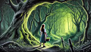 Une jeune fille tient un panier près des arbres tordus de la forêt de Hoia Baciu, dont les ombres forment une arche menaçante.