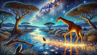 Nkanyezi pisa sobre el resplandeciente Río de Estrellas, donde la luz se forma bajo sus cascos mientras Umlilo observa.
