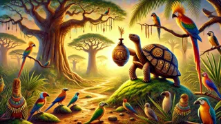 Una tortuga cayendo vertiginosamente a través de las nubes mientras los pájaros observan desde arriba con preocupación.