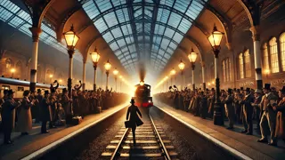 Phileas Fogg stepping off the train at Euston Station under dim gaslight