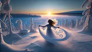 Uma jovem garota se ergue triunfante na neve ao amanhecer, com o vento dançando ao seu redor em uma coreografia serena enquanto ela abraça seu destino.