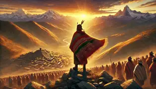 Inti Callisaya se encuentra en la cima de una montaña al amanecer, vigilando a los aldeanos agradecidos que se encuentran abajo, tras haber defendido su tierra natal.