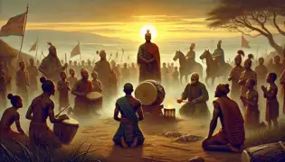 Zenzi se encuentra frente al Tambor de Fuego, rodeada de guerreros y del consejo del rey, mientras Njamba se arrodilla en señal de derrota en un campo de batalla humeante al amanecer.