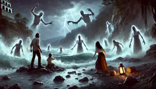 Una tormenta violenta se desata sobre el Lago Atitlán mientras figuras fantasmales emergen del agua, atrapando a Daniel e Isabela en un terror sobrenatural.