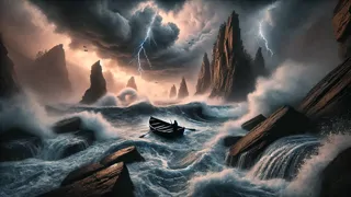Violent waves crash against rocky cliffs under a thunderous sky as lightning illuminates churning waters