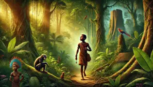 Ebele entra en la densa selva, sosteniendo un talismán, rodeada de un follaje vibrante y curiosos animales.