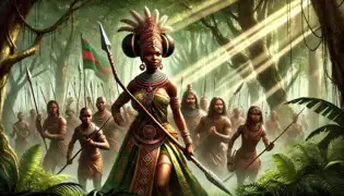 La reina Nzinga guía a sus guerreras a través de un denso bosque, levantando su lanza en alto mientras la luz del sol se filtra entre los árboles.