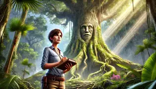 Elena Vega dibuja grabados en la Ceiba Encantada, rodeada de un exuberante bosque tropical y con la luz del sol filtrándose a través de las hojas.