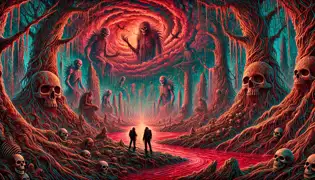 Los exploradores están al borde de un río de sangre en Xibalbá, rodeados de árboles esqueléticos y imponentes señores de la muerte.