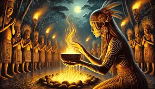 Kalinda se arrodilla ante un estanque sagrado durante el Juicio de los Elementos, rodeada por la luz del fuego y los cantos de los aldeanos.