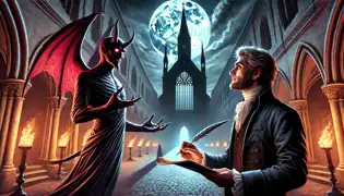 Lucifer presentando su contrato al Maestro Vojtěch en el patio de la catedral inacabada durante la noche.