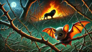 Un murciélago se desliza sigilosamente entre los matorrales espinosos hacia un fuego custodiado por un león, bajo un cielo estrellado en un denso bosque.