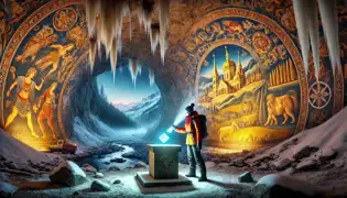 Dentro de una caverna, un arqueólogo descubre una llave cristalina luminosa sobre un pedestal, mientras el agua inunda la cámara.