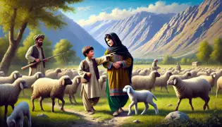 Malalai cuida ovejas con sus hermanos en un sereno valle cerca de Maiwand, rodeada de montañas y bajo un cielo azul despejado.