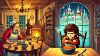 Augustus refuses soup at the kitchen table while dreaming of sweets