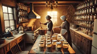 Abuela y Emily removiendo la salsa en una olla de cobre en una acogedora cocina de casa de campo.