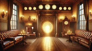 Interior de la acogedora entrada del hostal, con relojes antiguos y una puerta de portal luminosa.