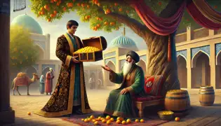 Un comerciante adinerado ofrece un cofre de oro a un sabio bajo un árbol de albaricoque en el tranquilo patio de una aldea uzbeka.