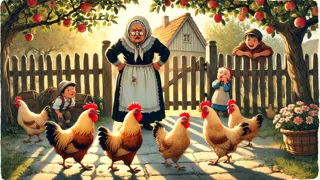 Widow Bolte discovers her chickens with red ribbons tied to their tails