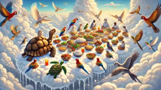 Aves y una tortuga disfrutando de un banquete opulento sobre nubes esponjosas bajo un cielo brillante.