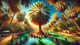 Les voyageurs se reposent sous l'ancien palmier dans une oasis verdoyante, ses feuilles scintillantes reflétant la lumière du soleil tandis que des histoires sont partagées.
