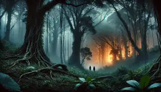 Un bosque brumoso al atardecer, con un resplandor anaranjado que se cierne en la distancia. Marcus y Elena lo observan con tensión.
