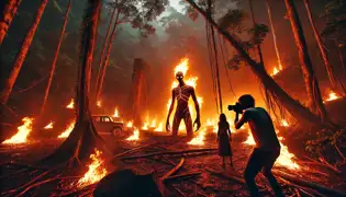La Soucouyant, una figura ardiente, se enfrenta a Marcus y Elena en un claro del bosque iluminado por llamas naranjas.