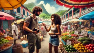 Un bullicioso mercado en Soufrière con coloridos puestos, aldeanos, turistas, y Marcus y Elena conversando.