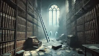 Antigua biblioteca médica en el Asilo de Blackwater, cubierta de polvo y con etiquetas desvaídas.