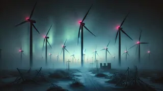 Molinos de viento en silueta contra un cielo crepuscular en una meseta de un parque eólico abandonado.