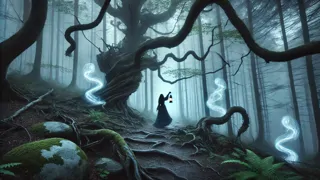 Elara atravesando la neblina ondulante entre árboles retorcidos, con su linterna proyectando una luz suave y temblorosa.