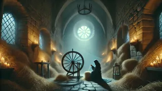Una figura misteriosa ayudando a Ella a tejer hilos dorados en una cámara llena de paja bajo la luz de la luna.