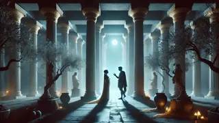 Ariadna y Teseo se encuentran en secreto en Cnosos, con la luz de la luna iluminando las columnas de mármol.